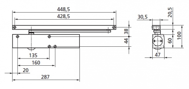 Dimensiuni amortizor usa GEZE TS 1500 CU SINA